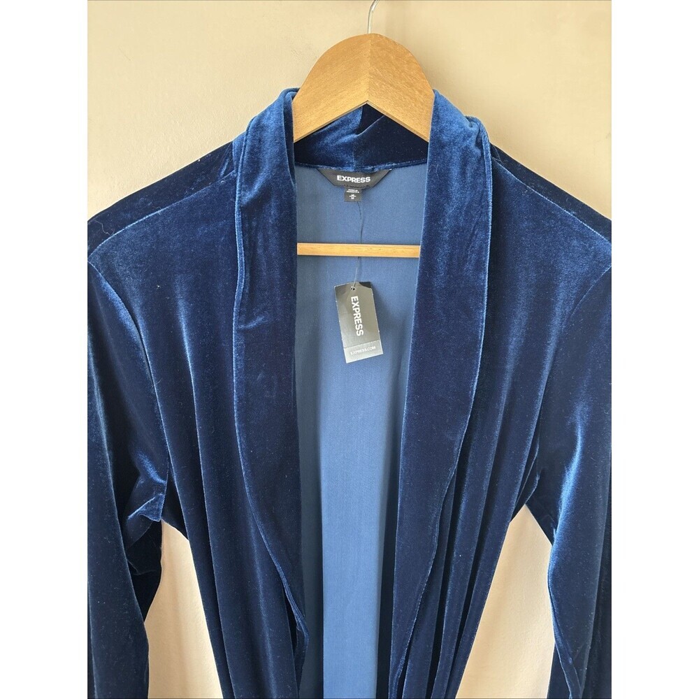 Express Velvet Robe Cardigan Womens M Blue Bell Sleeve Tie Waist NWT - Picture 2 of 7